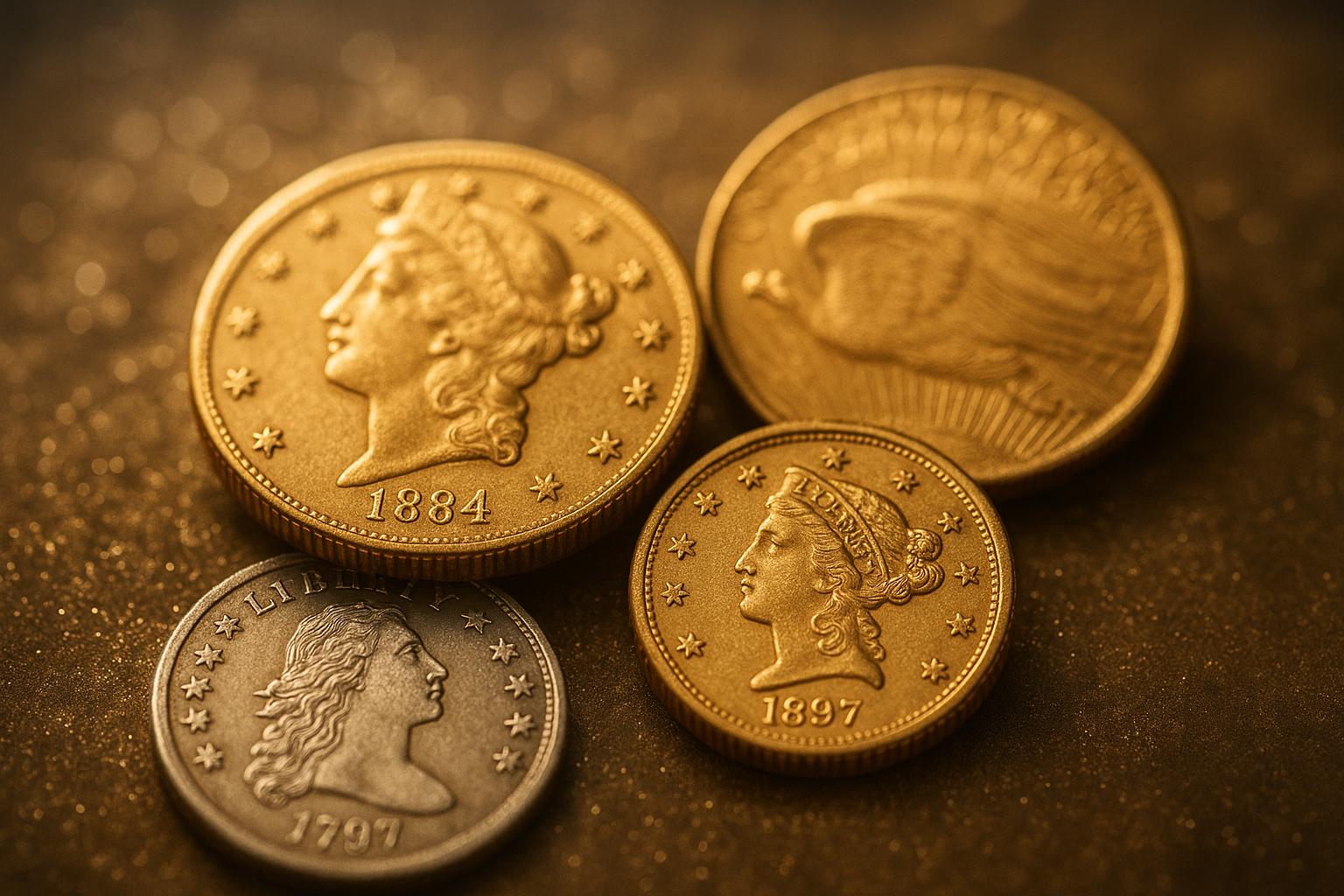 Close-up of rare collectible coins sparkling under soft light in Osceola County