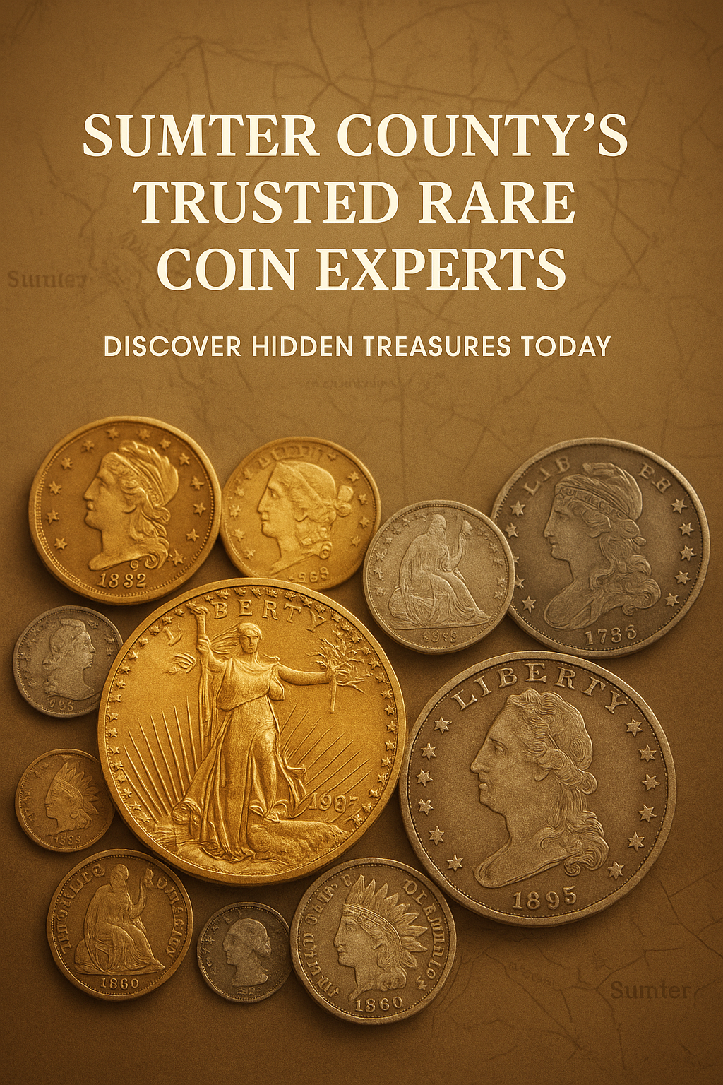 Rare vintage coin collection displayed with Sumter County map background