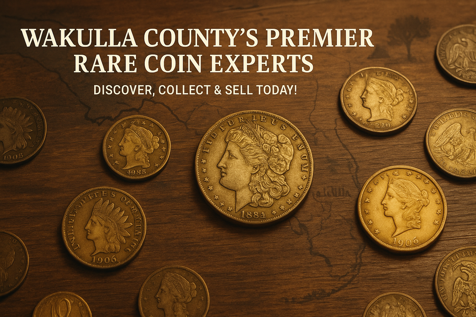 Close-up of rare vintage coins on a wooden table in Wakulla County