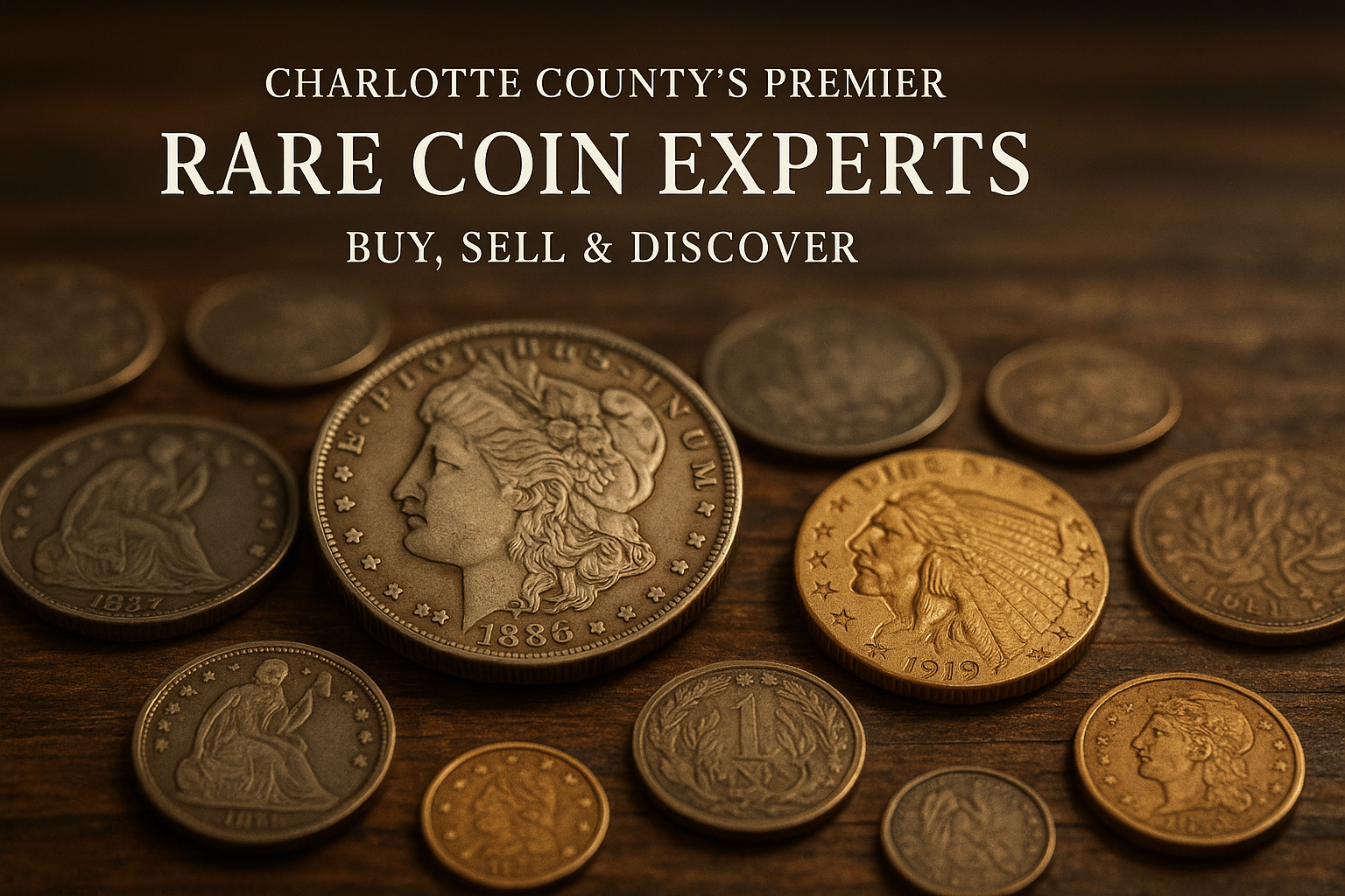 Close-up of rare vintage coins on wooden table in Charlotte County