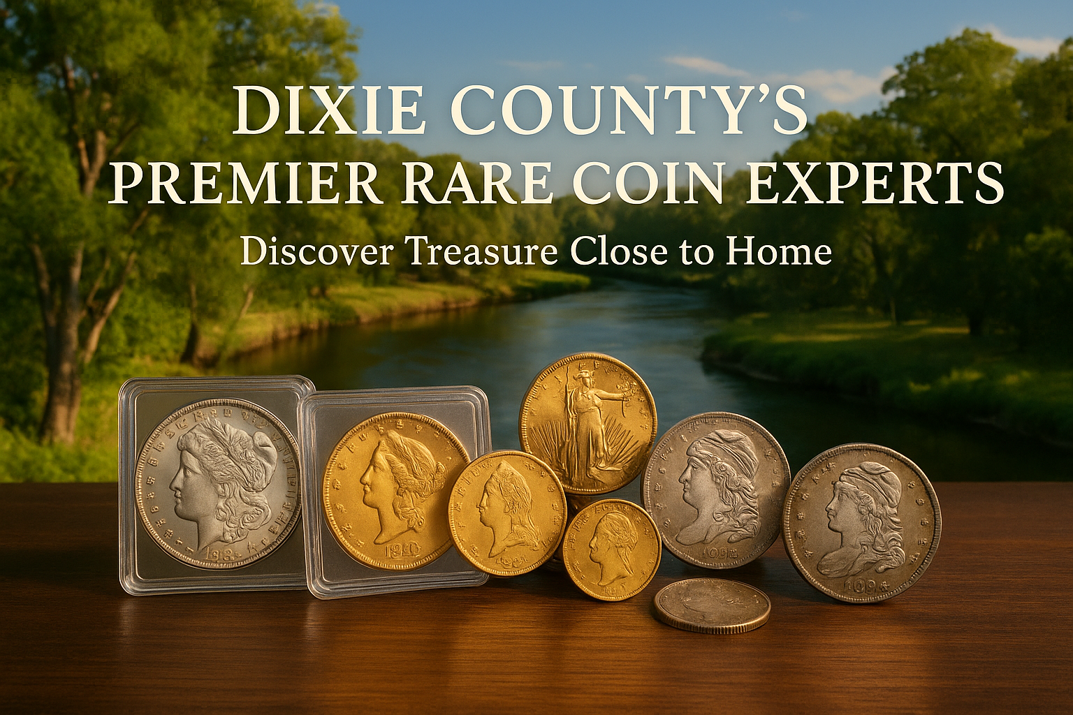 Collection of rare coins displayed with a Dixie County background