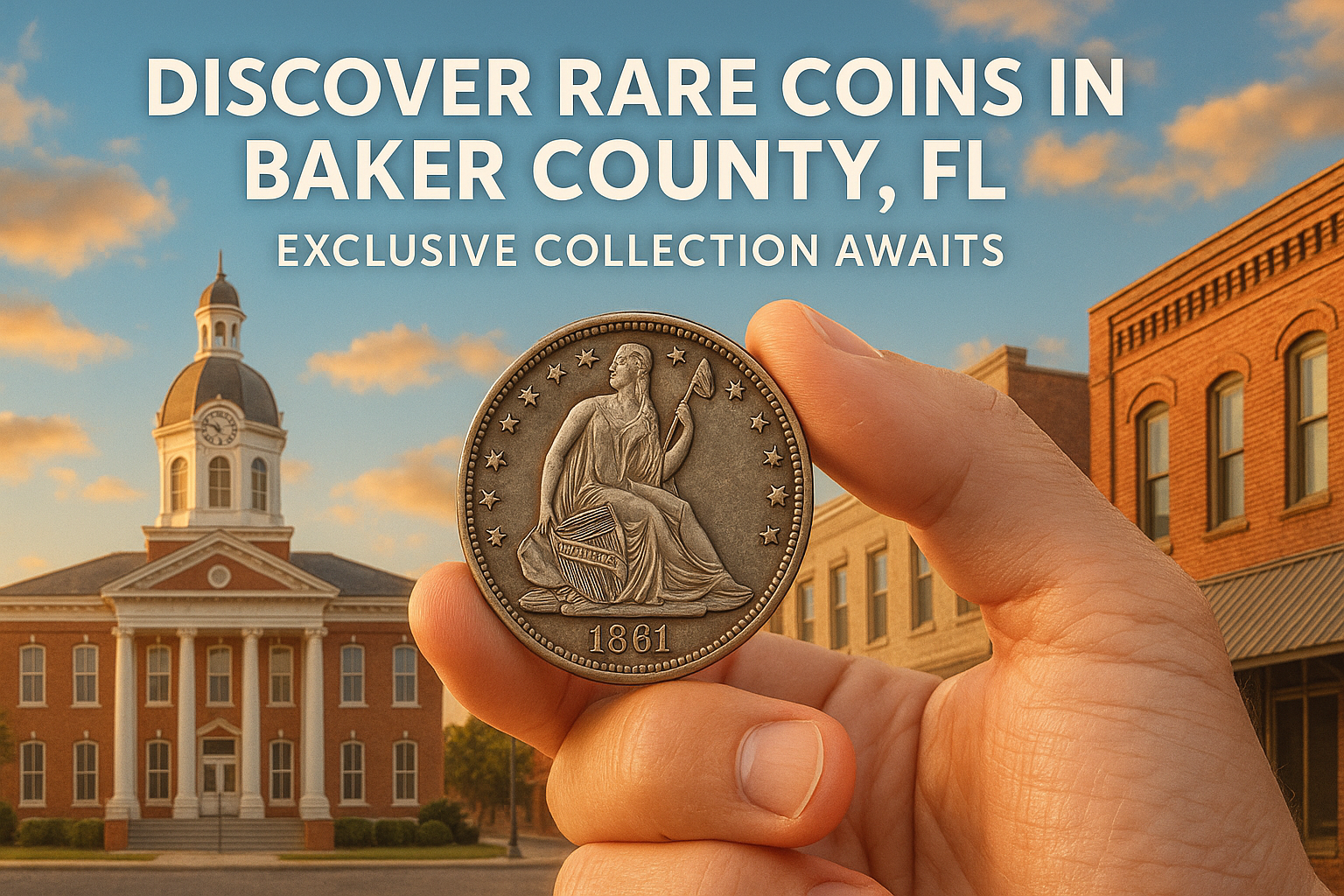 A hand holding a rare vintage coin with Baker County landmarks in the background