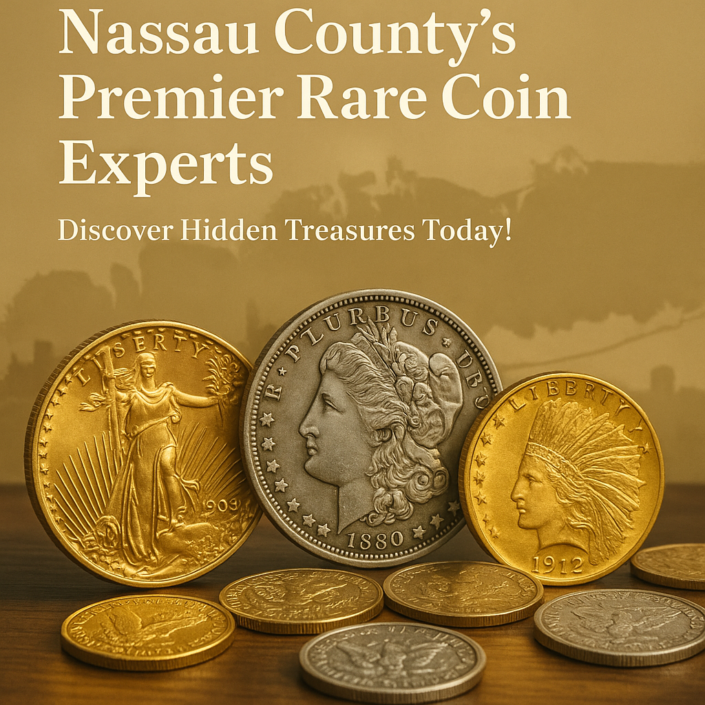 Close-up of rare coins shining with gold and silver hues on a Nassau County backdrop