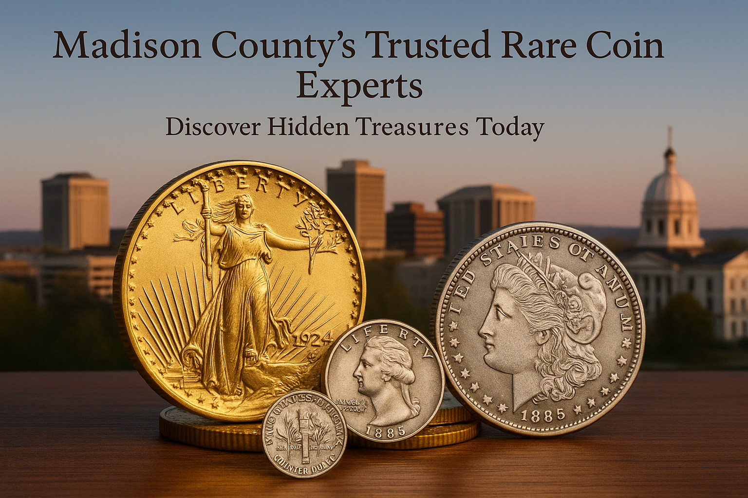 Rare collectible coins displayed with Madison County skyline in background