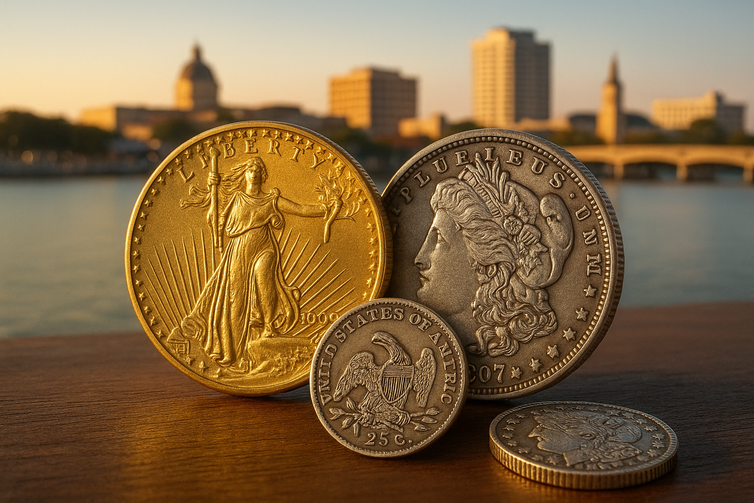 Close-up of rare vintage coins with Manatee County skyline in the background
