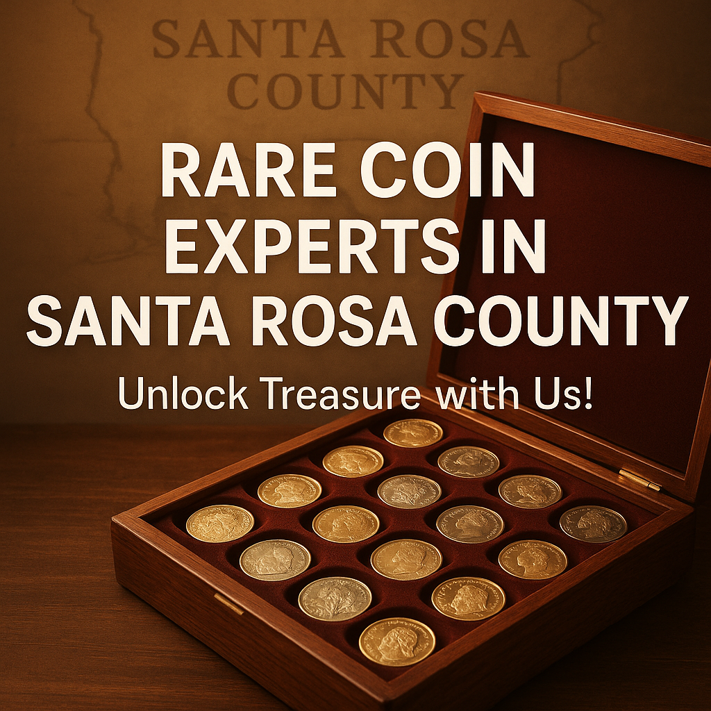 Rare coins collection on wooden display in Santa Rosa County