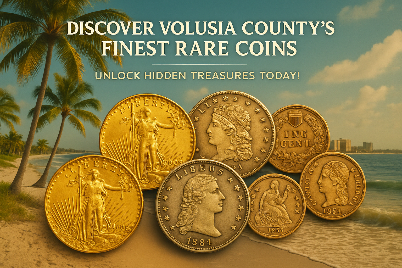 Rare antique coins displayed with Volusia County backdrop