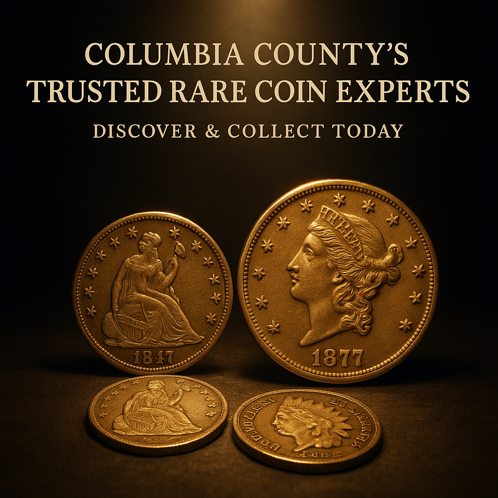 Rare vintage coins from Columbia County collection shining under spotlight