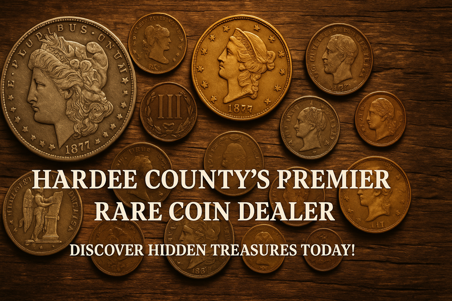 Rare antique coins displayed on a rustic wooden background in Hardee County