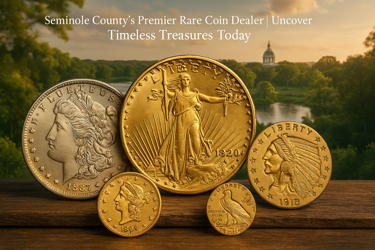 Close-up of rare coins collection with Seminole County scenery in background