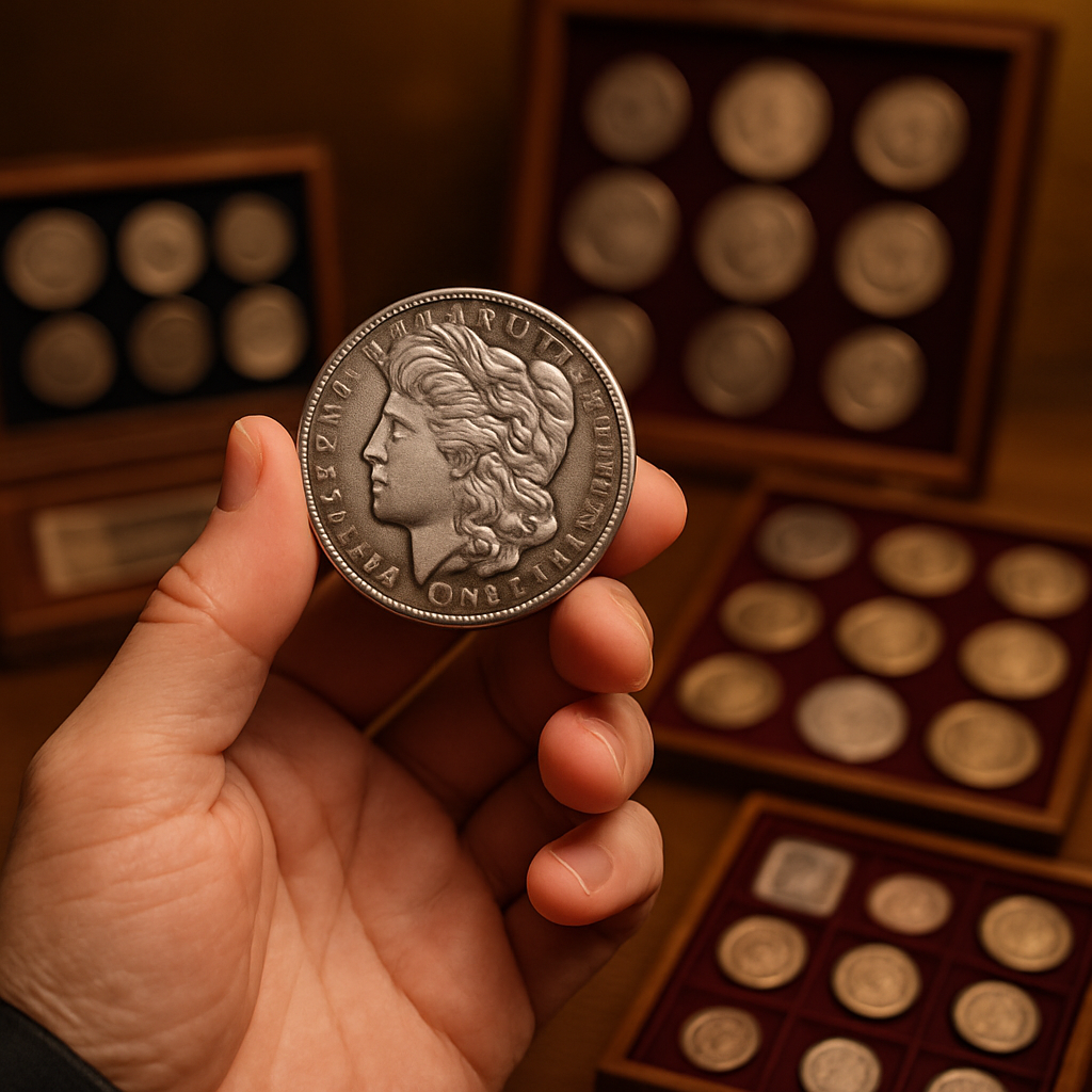 Collector's hand holding a rare silver coin against a backdrop of a curated collection, symbolizing new additions and discoveries.