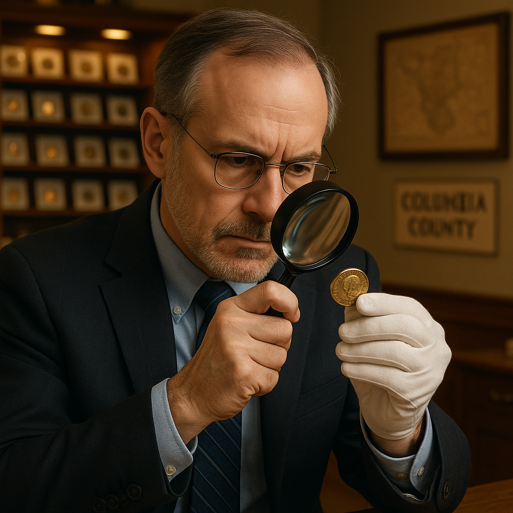 Experienced coin expert examining a rare coin with a magnifying glass, offering knowledgeable guidance in Columbia County.