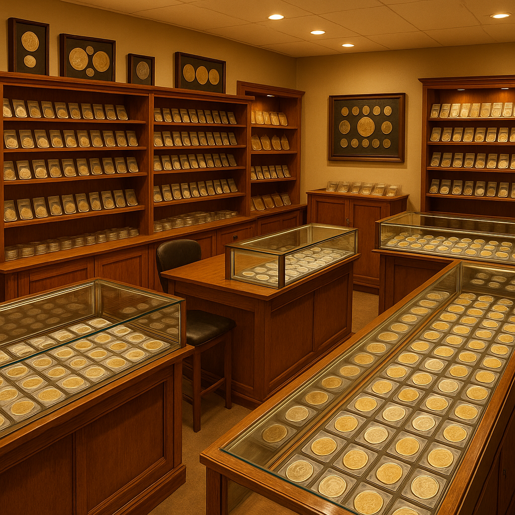Interior view of the top rare coin shop in Columbia County, Florida, highlighting a well-organized selection of valuable coins.