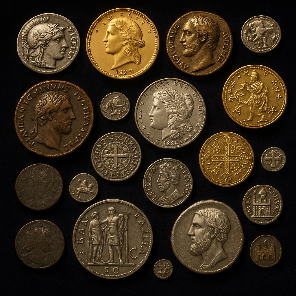 Display of a diverse collection of rare coins, including ancient and modern pieces, perfect for collectors of all levels.