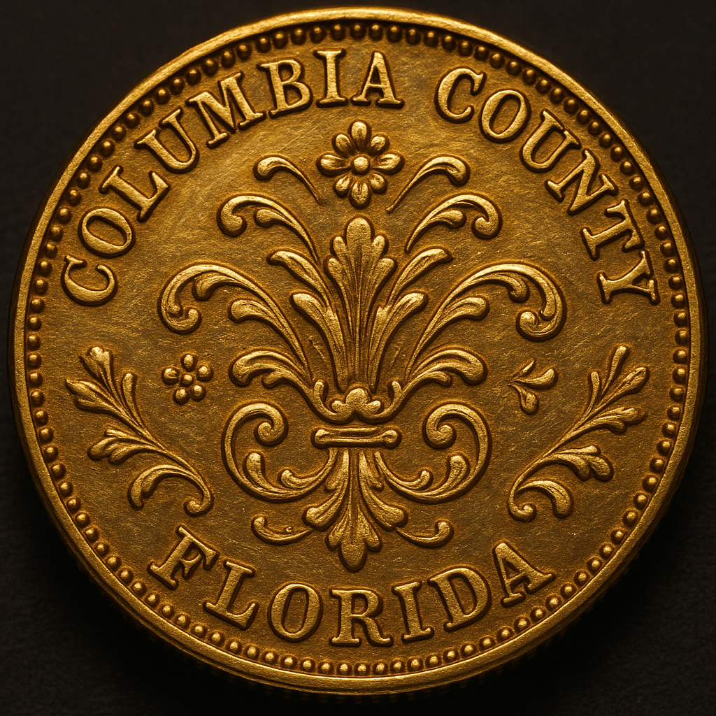 Close-up of a rare vintage gold coin from Columbia County, Florida, showcasing intricate details and craftsmanship.