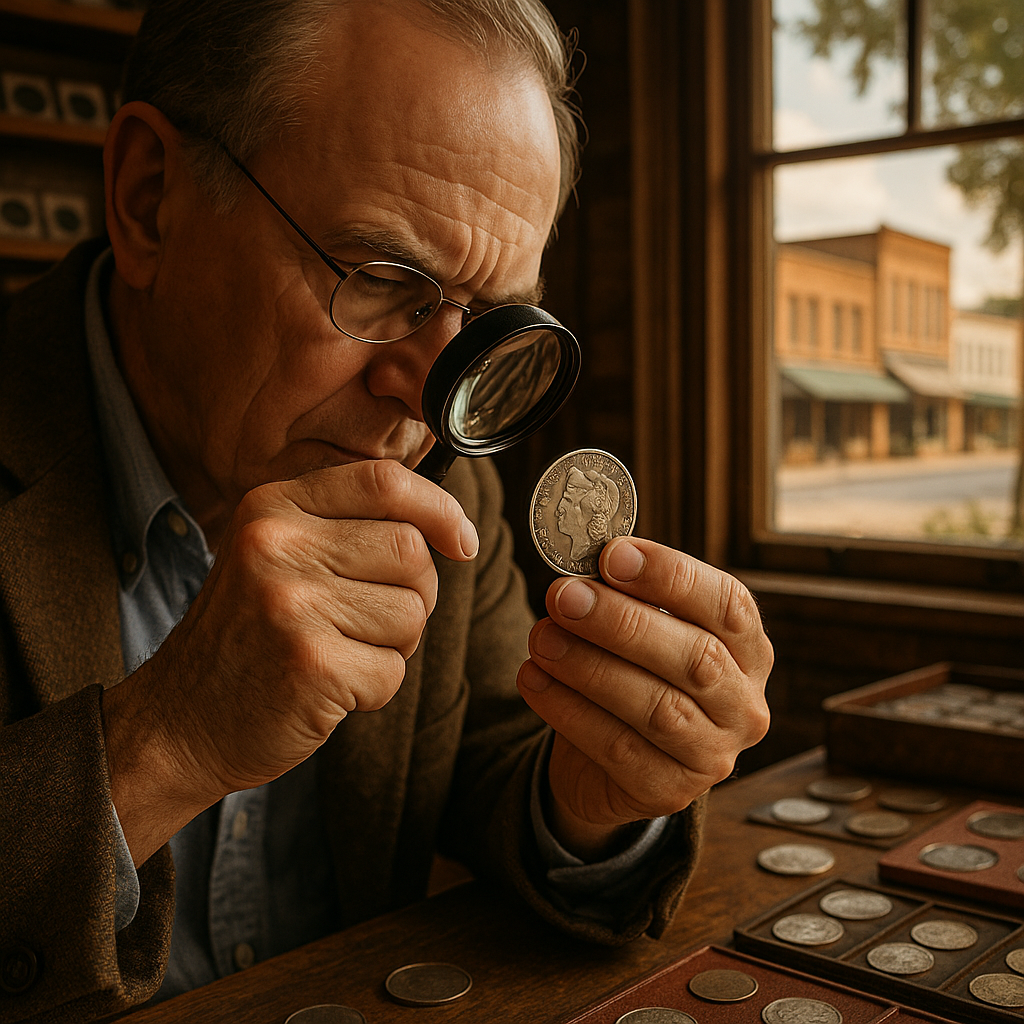 Expert appraiser examining a vintage coin under magnification for authenticity and quality.