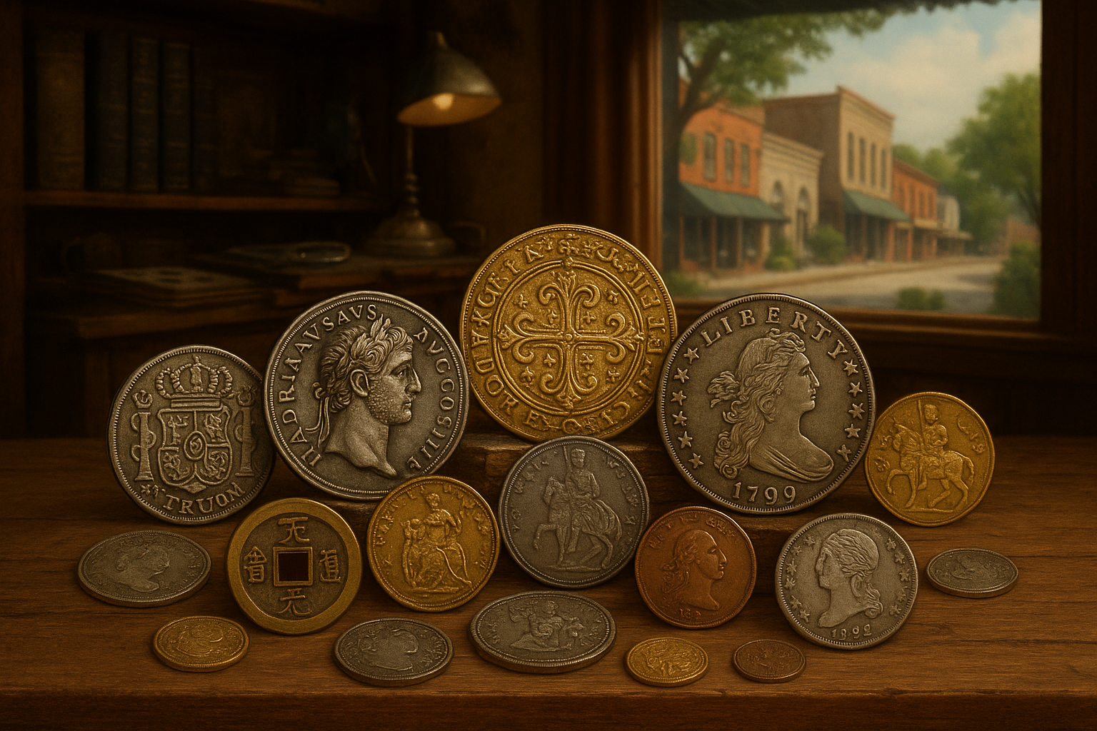 Display of diverse rare coins from various eras and countries, highlighting the shop's extensive collection.