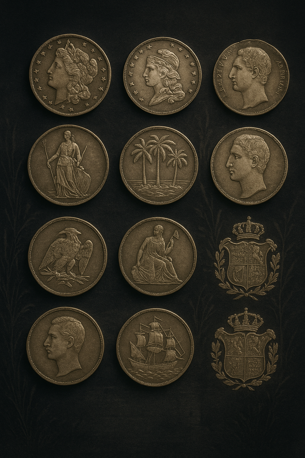 Collection of vintage silver coins from different eras arranged on a dark velvet background.