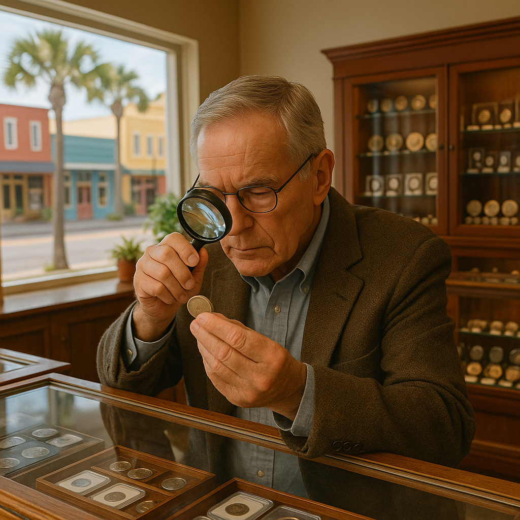 Expert appraiser examining a rare coin with a magnifying glass in Gulf County Rare Coins shop.