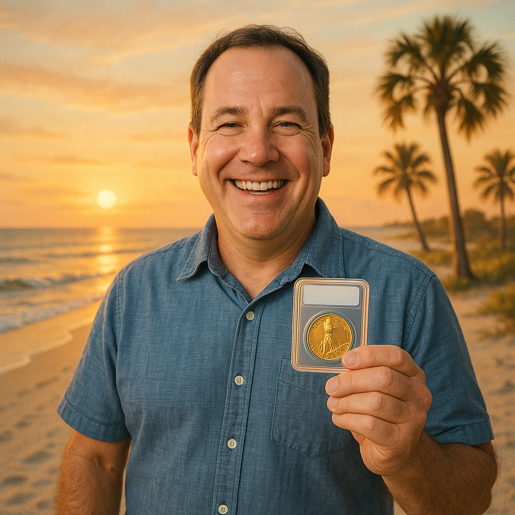 Happy coin collector holding a prized rare coin, representing satisfied customers at Gulf County Rare Coins.
