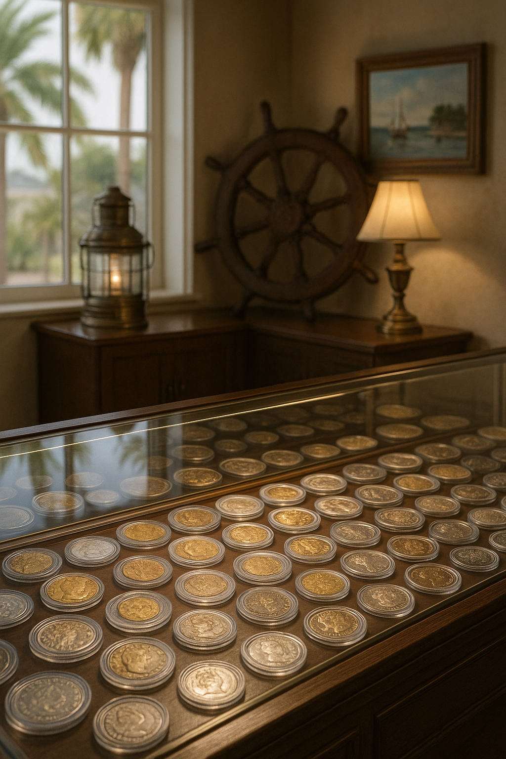 Display case filled with rare and valuable coins, highlighting the extensive selection at Gulf County Rare Coins.