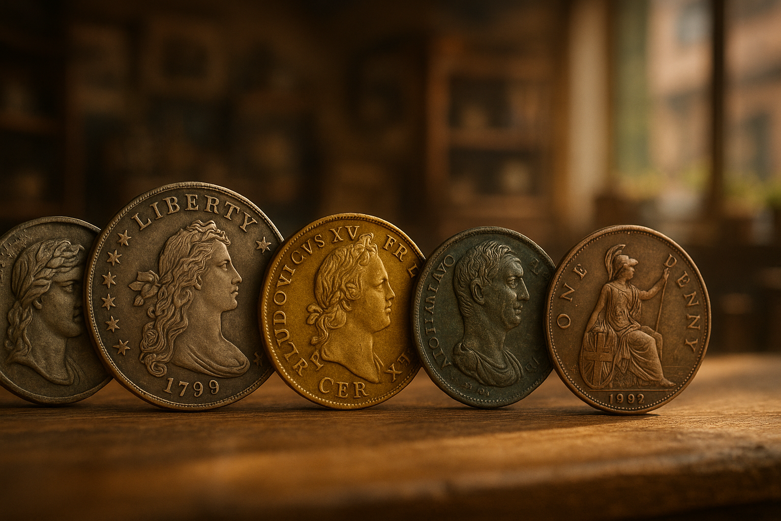 Row of vintage coins from various eras displayed to demonstrate our diverse and valuable inventory.