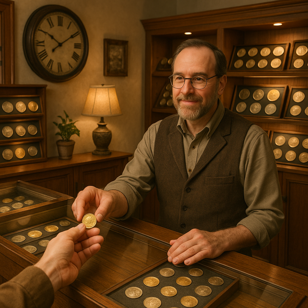 Customer handing over a rare coin for sale in a welcoming and knowledgeable shop environment.