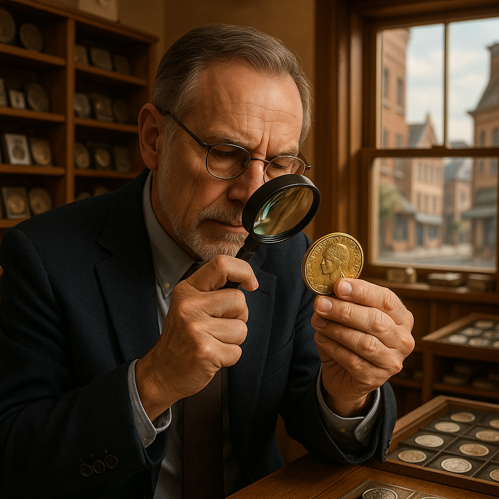 Expert appraiser examining a rare coin under magnification, reflecting trusted and professional service.