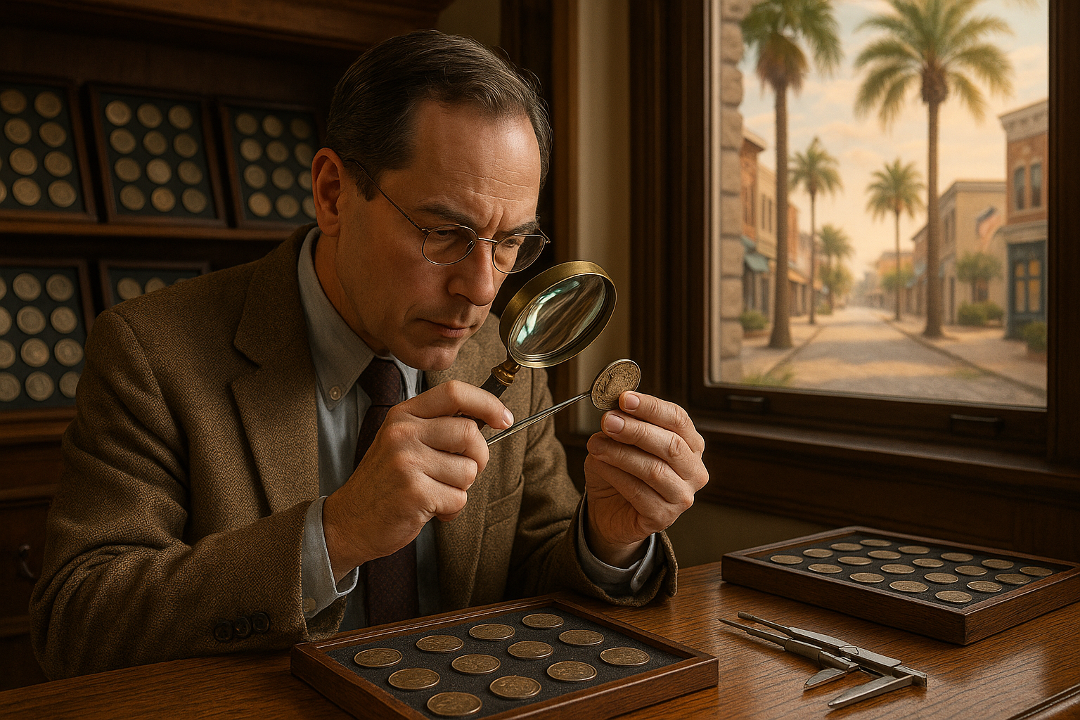 Expert appraiser carefully evaluating a rare coin to determine its authenticity and value.