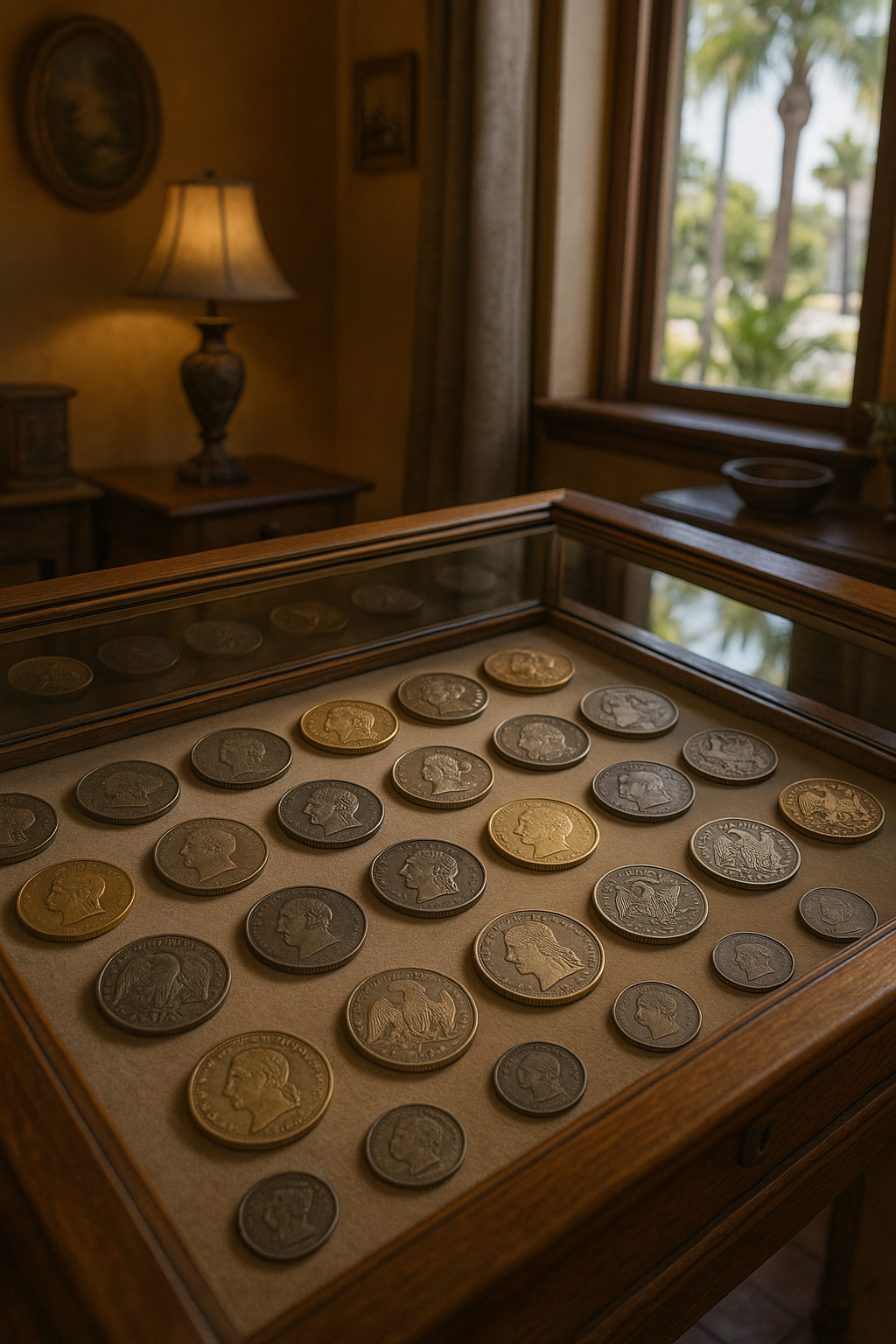 Display case filled with a curated selection of rare coins, showcasing variety and historical significance.