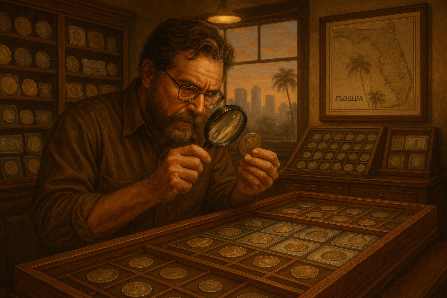 A passionate coin collector examining vintage coins with a magnifying glass at our Hillsborough County shop.