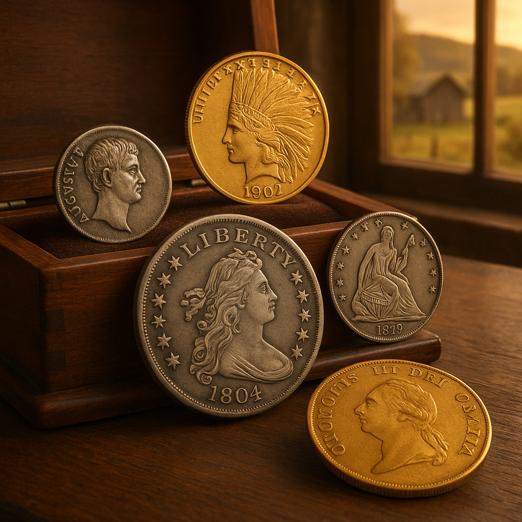 Selection of historic collectible coins arranged to highlight their unique features and value.