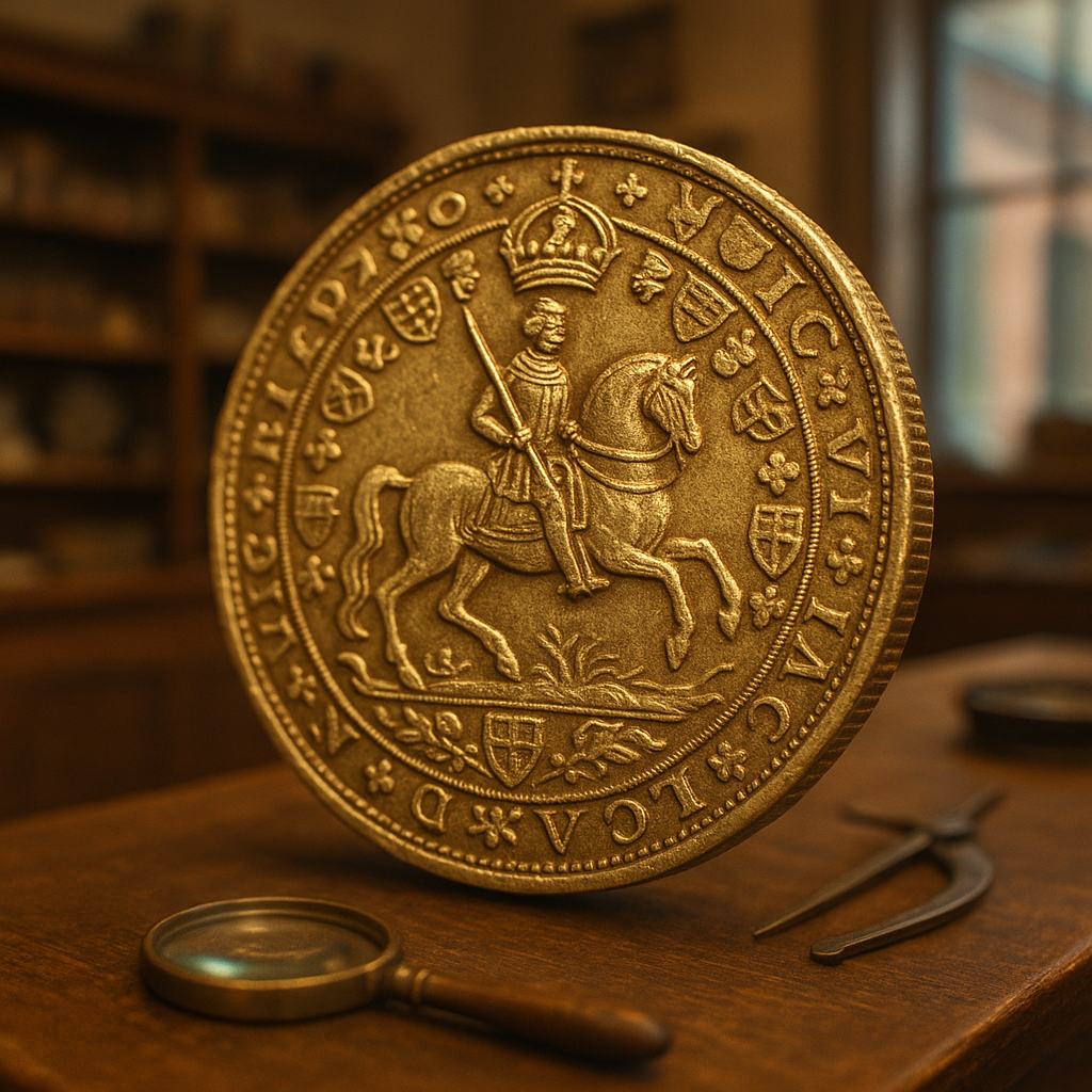 Close-up of an antique rare gold coin showcasing intricate details and historical value