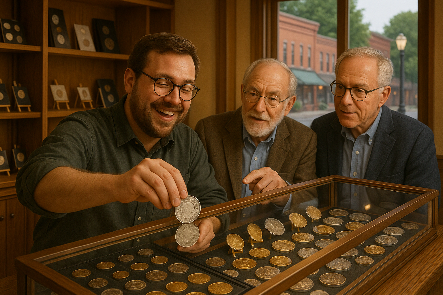 Happy coin collector adding a rare coin to their growing collection with guidance from experts