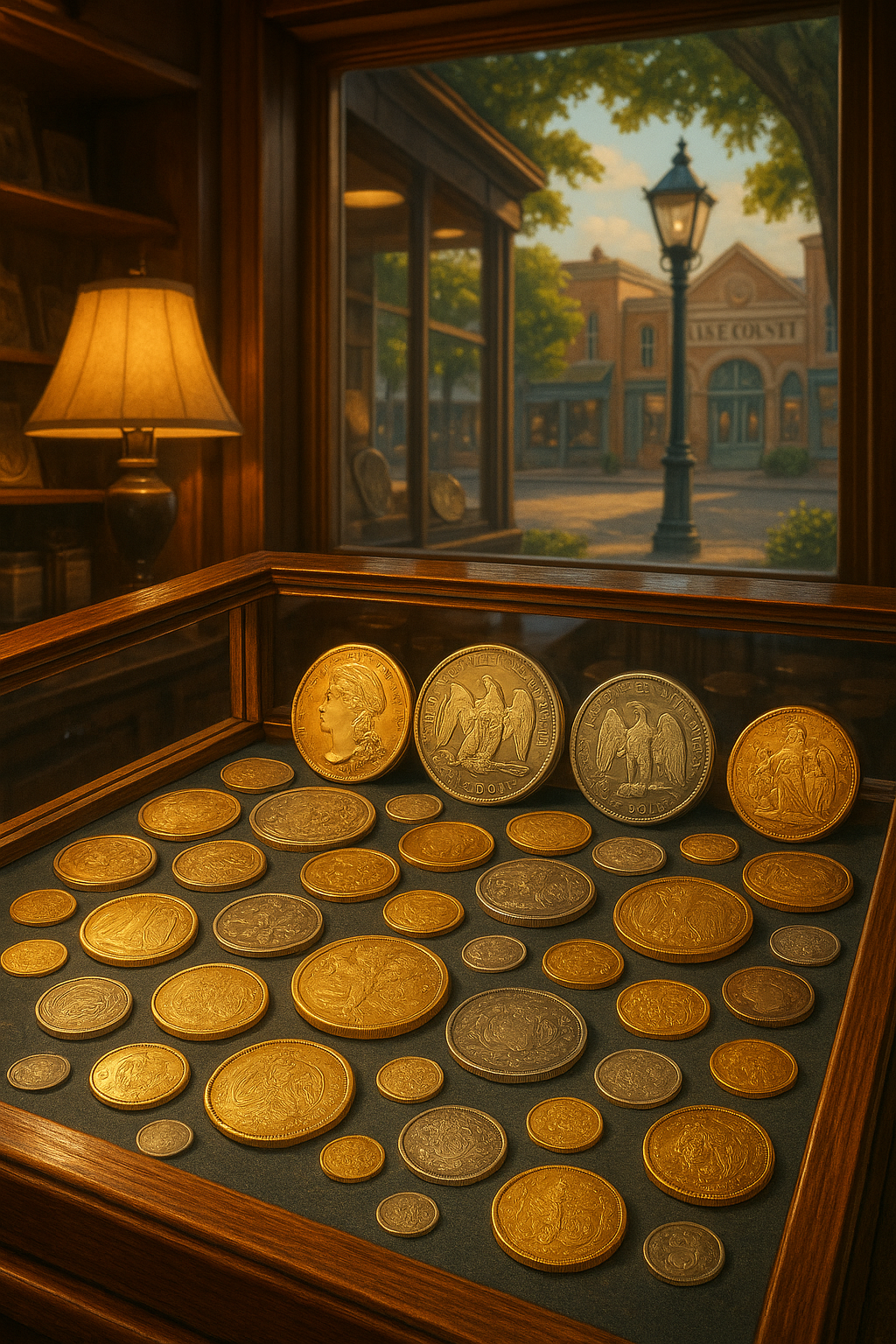 Display case filled with diverse rare coins, perfect for collectors and investors.