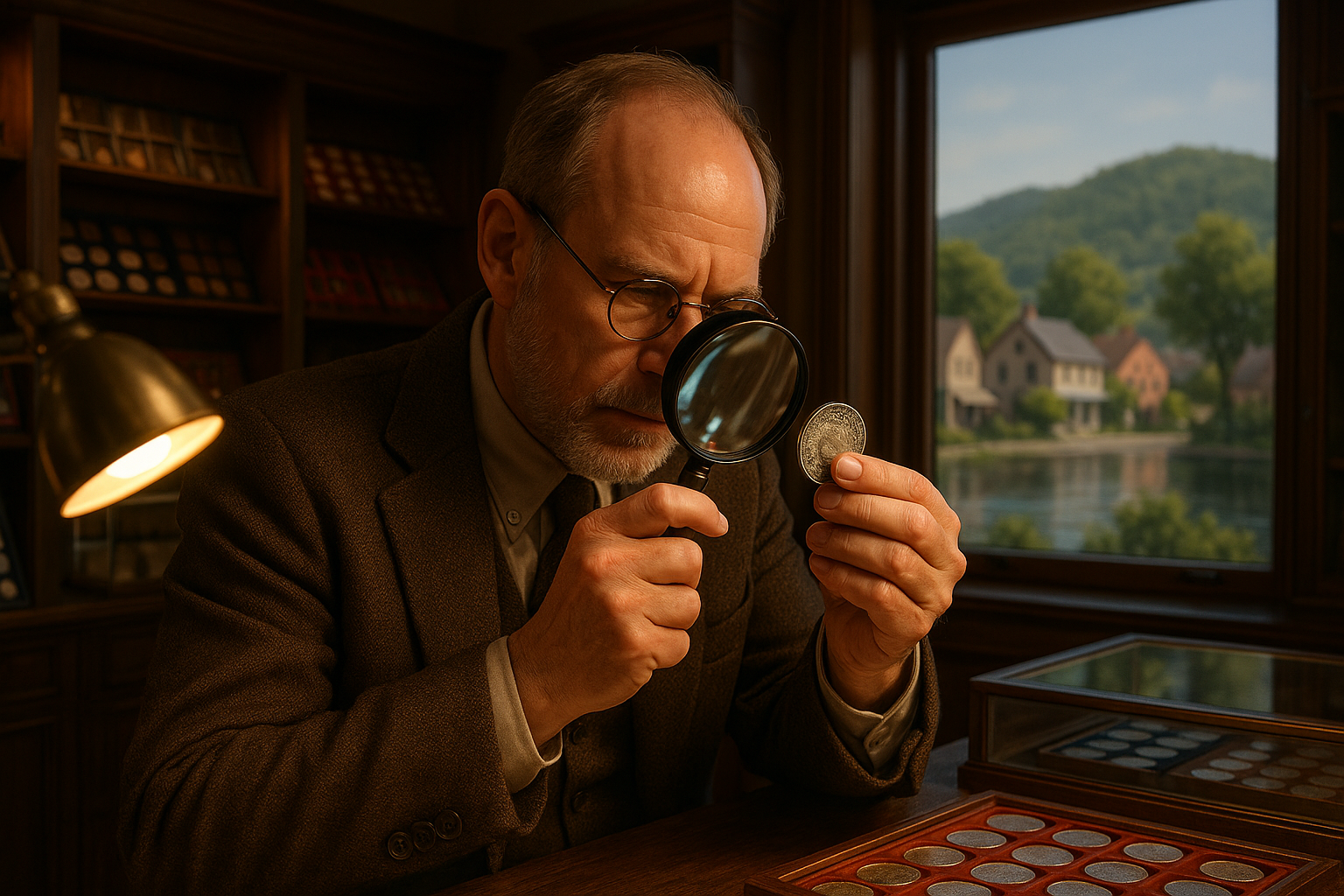 Expert appraiser examining a rare silver coin to determine its value and authenticity.
