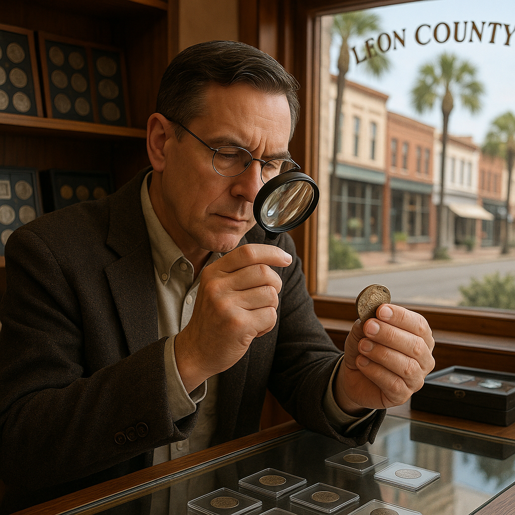Expert appraiser carefully examining a vintage coin with magnifying glass in Leon County rare coin shop.