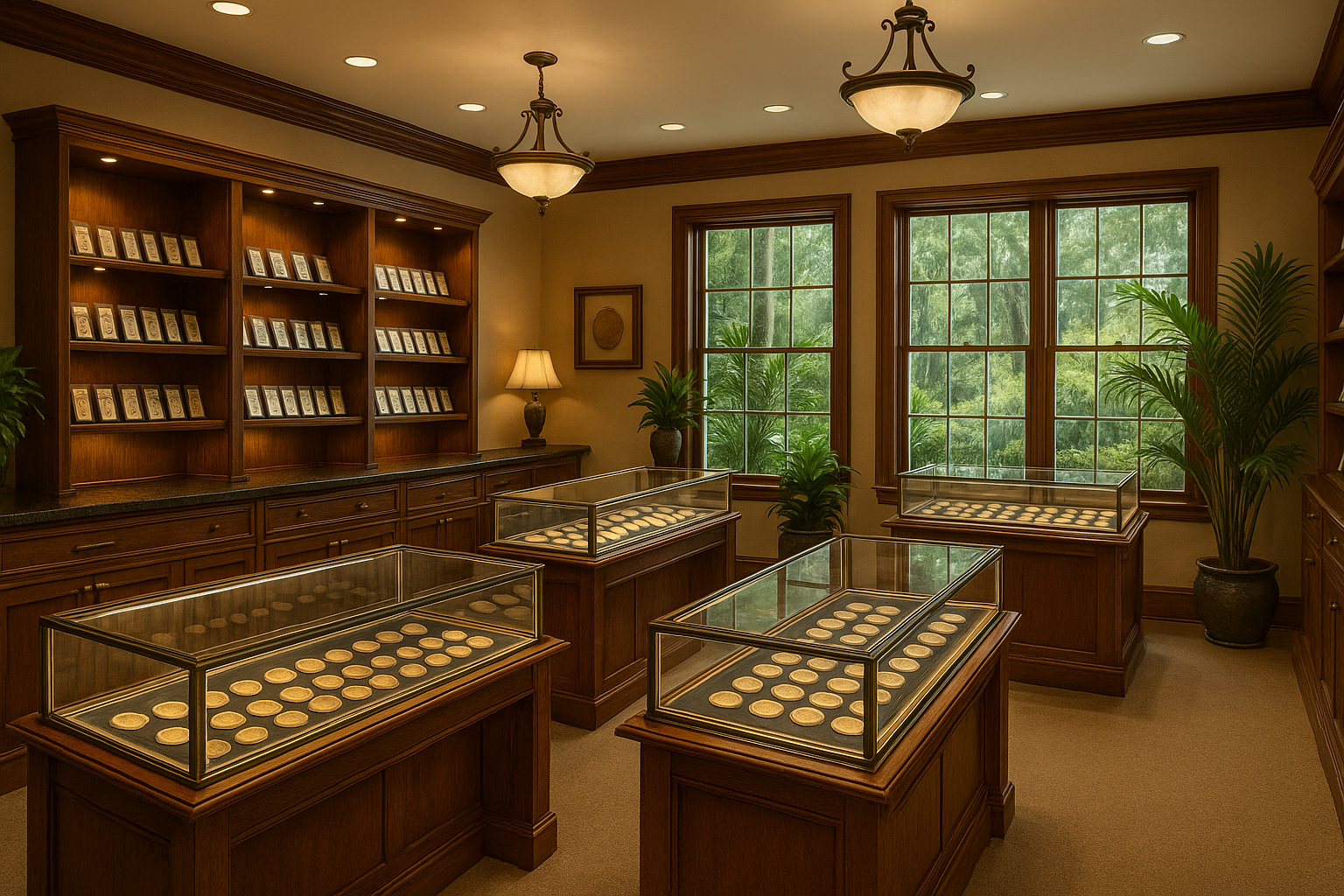 Elegant showroom interior of Leon County rare coin shop, inviting collectors to explore exceptional coins.