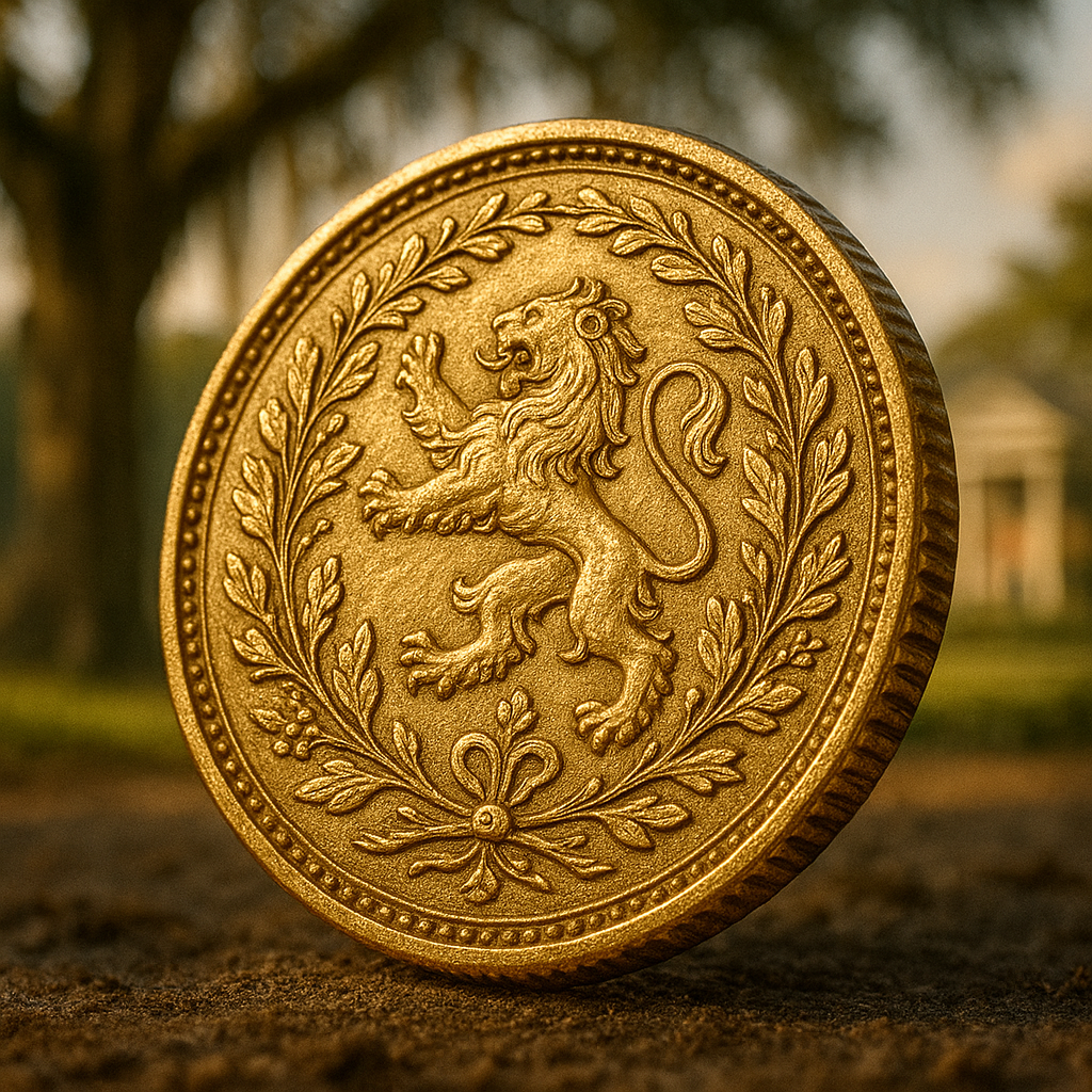 Close-up of a rare gold coin from the Leon County collection, showcasing intricate details and craftsmanship.