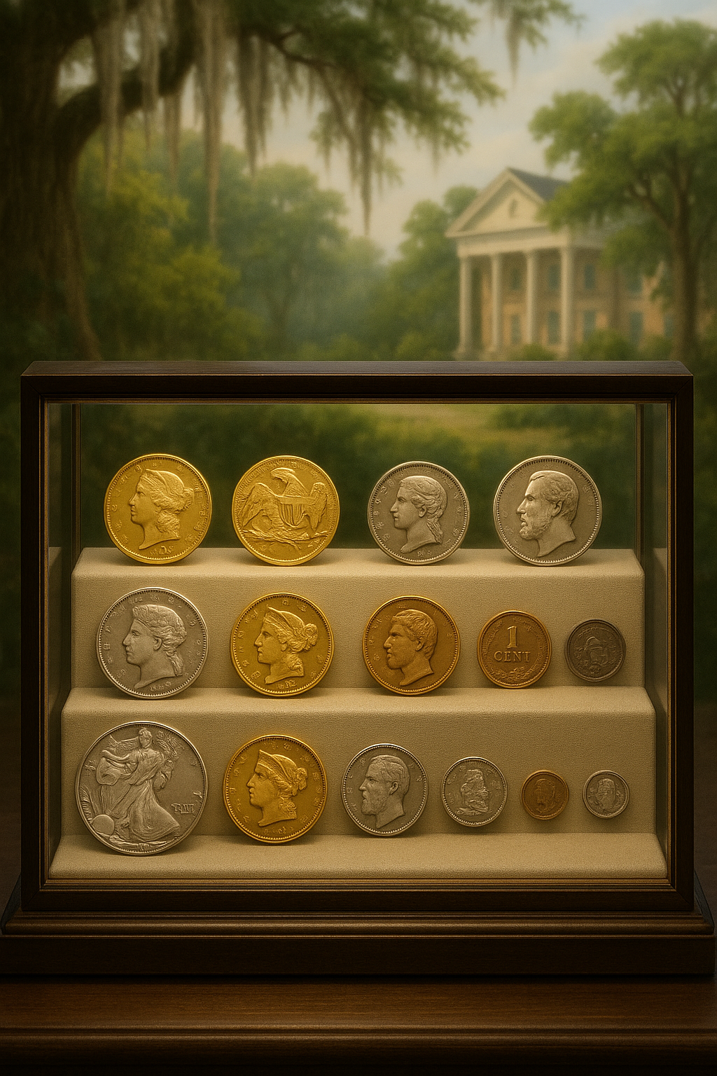 Display case filled with a diverse selection of authentic rare coins for collectors in Leon County, Florida.