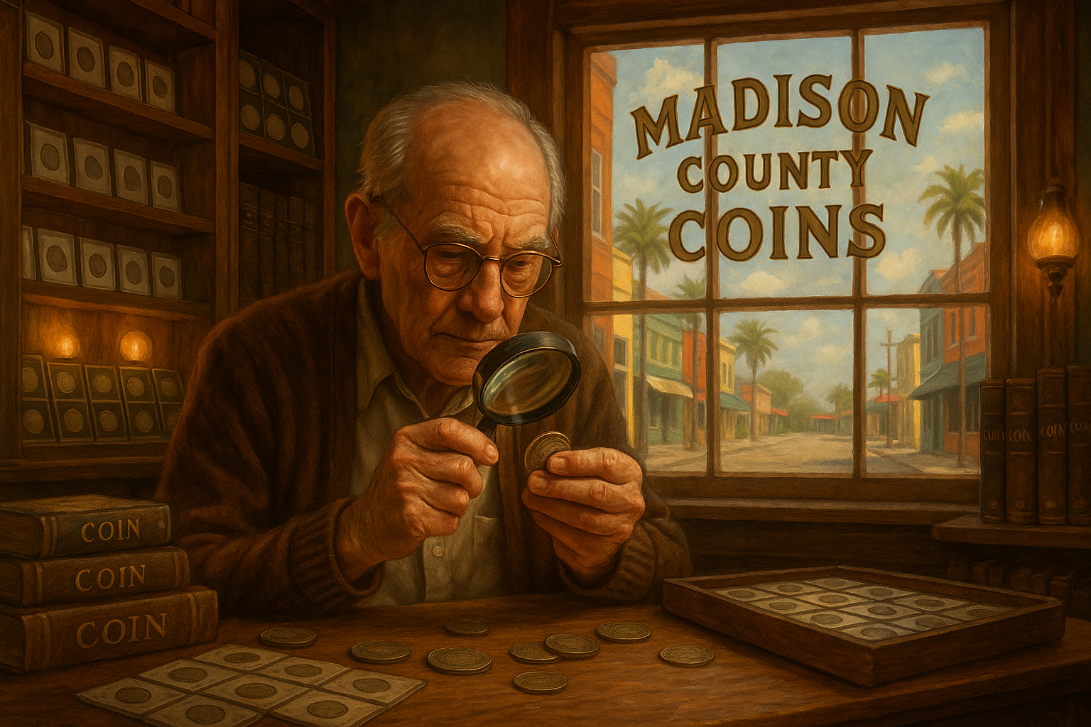Expert coin appraiser examining a vintage coin under a magnifying glass in Madison County shop.