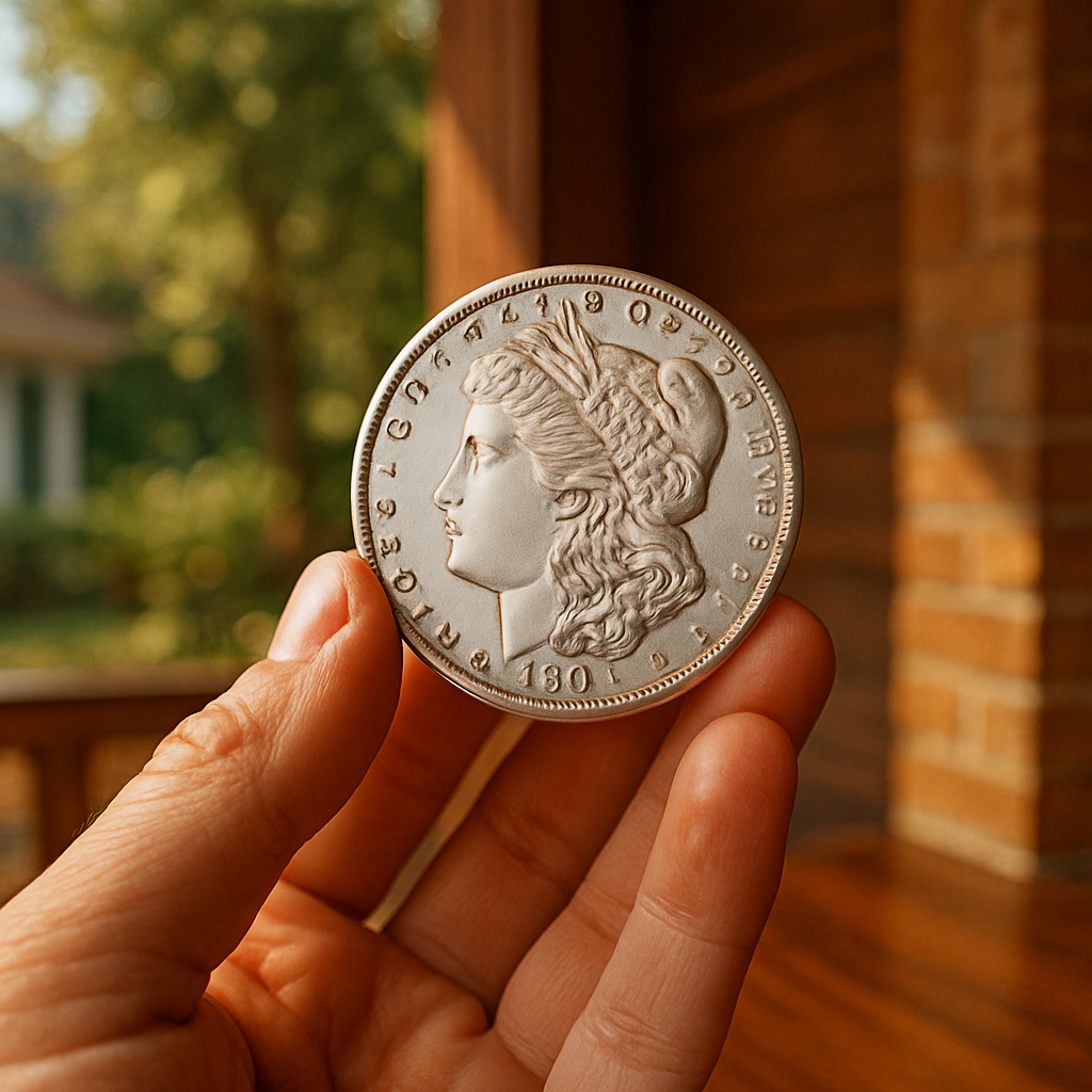 Hand holding a pristine, valuable rare coin against a rich wooden background highlighting collectible beauty.