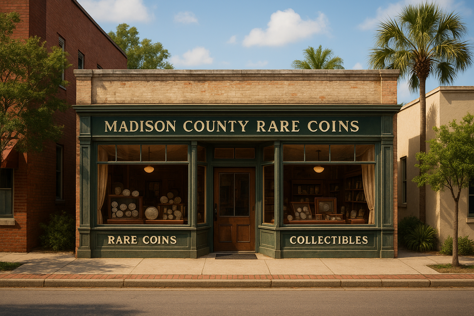 Wide shot of the Madison County Rare Coins storefront inviting visitors to explore rare treasures.
