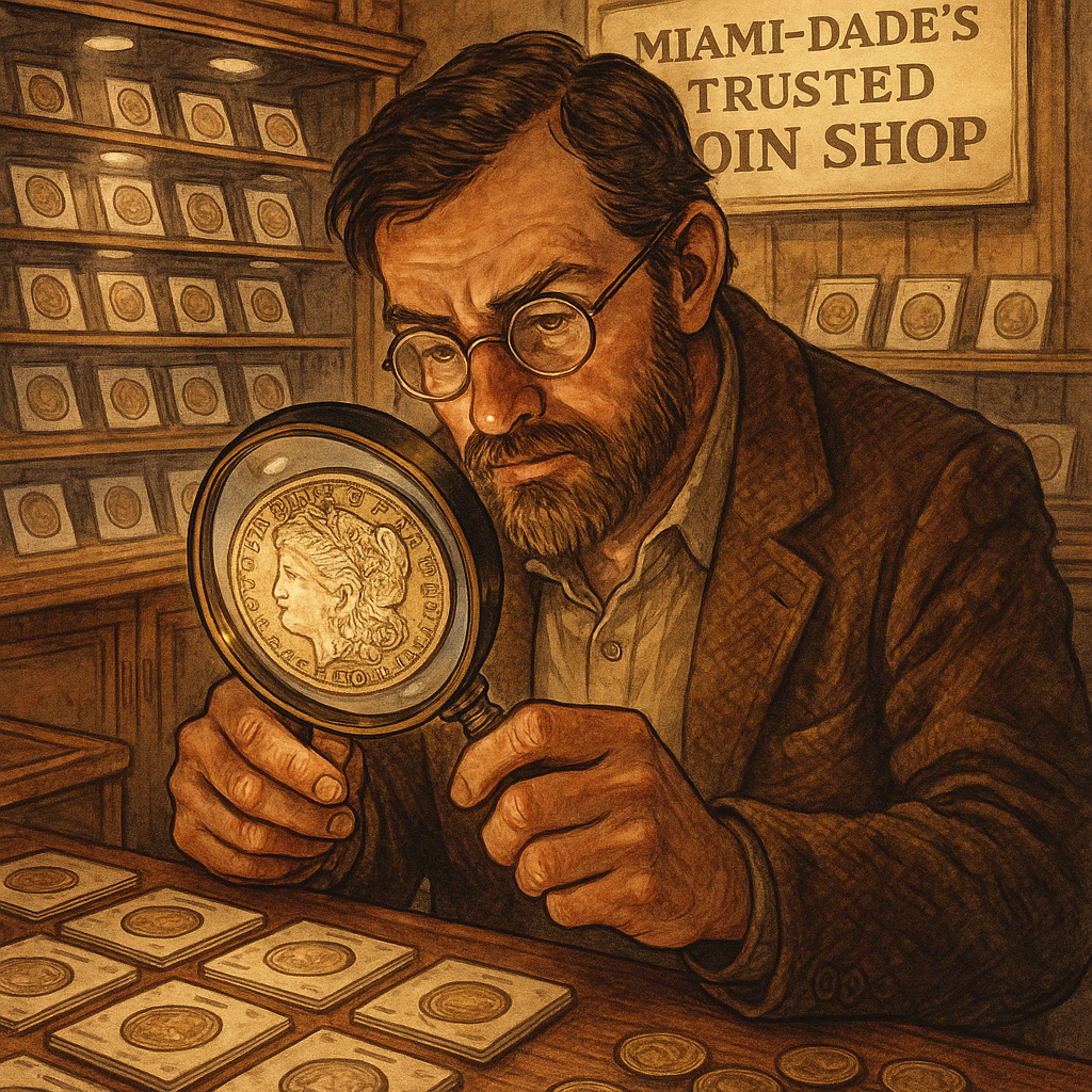 Collector examining a vintage coin under a magnifying glass at Miami-Dade's trusted coin shop.