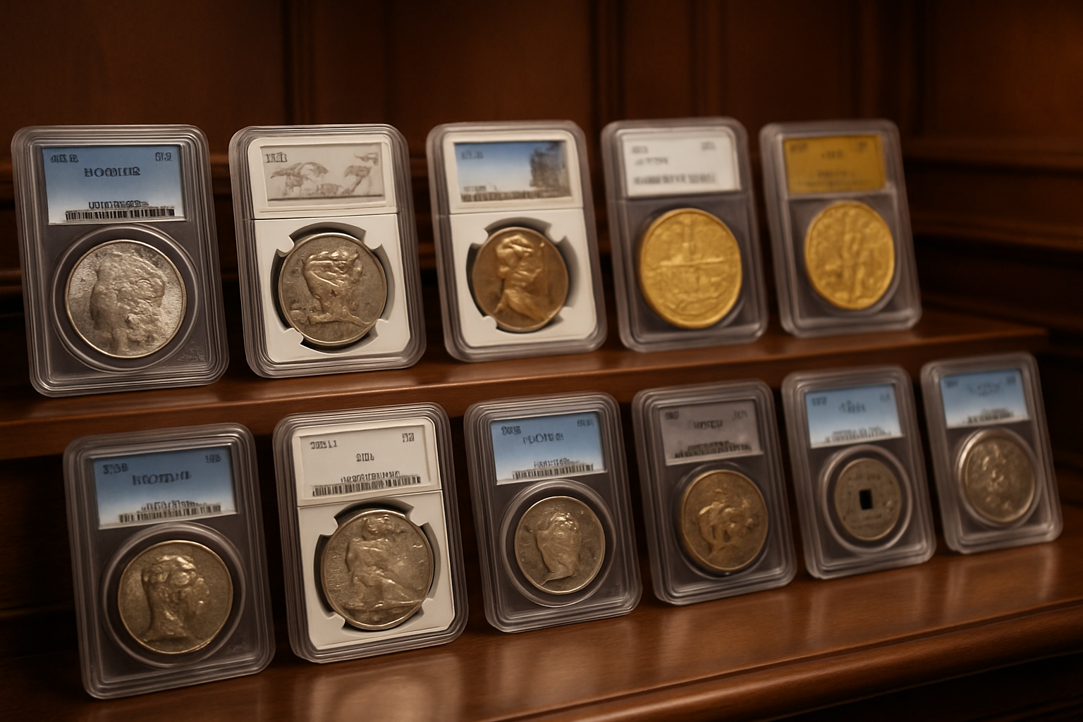 Display of diverse rare coins in secure glass cases, offering a wide selection for numismatic enthusiasts.