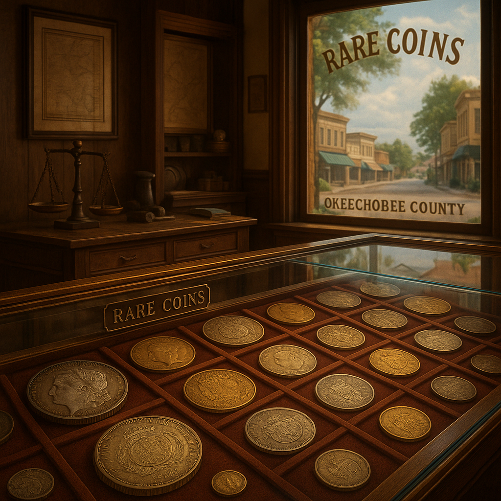 Display of a diverse collection of collectible coins from various eras and countries at a rare coin shop.