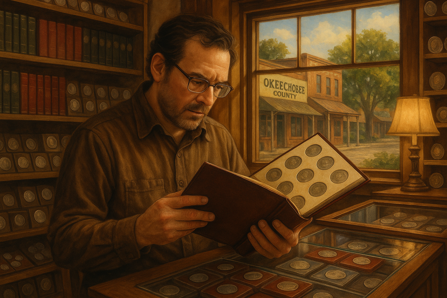Collector examining a rare coin album, highlighting the passion and history behind numismatics.