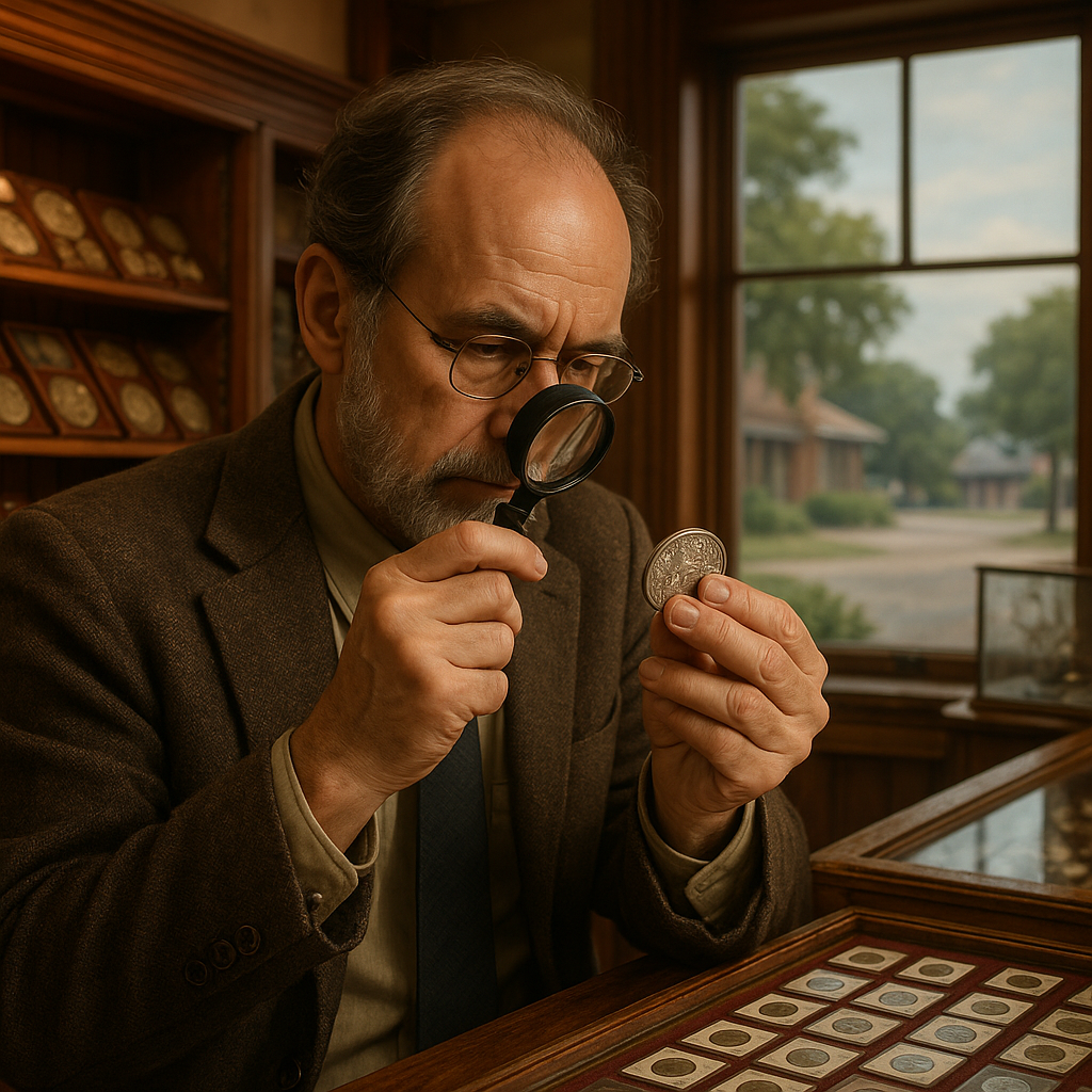 Expert numismatist appraising a vintage silver coin with a magnifying glass in a trusted rare coin shop.