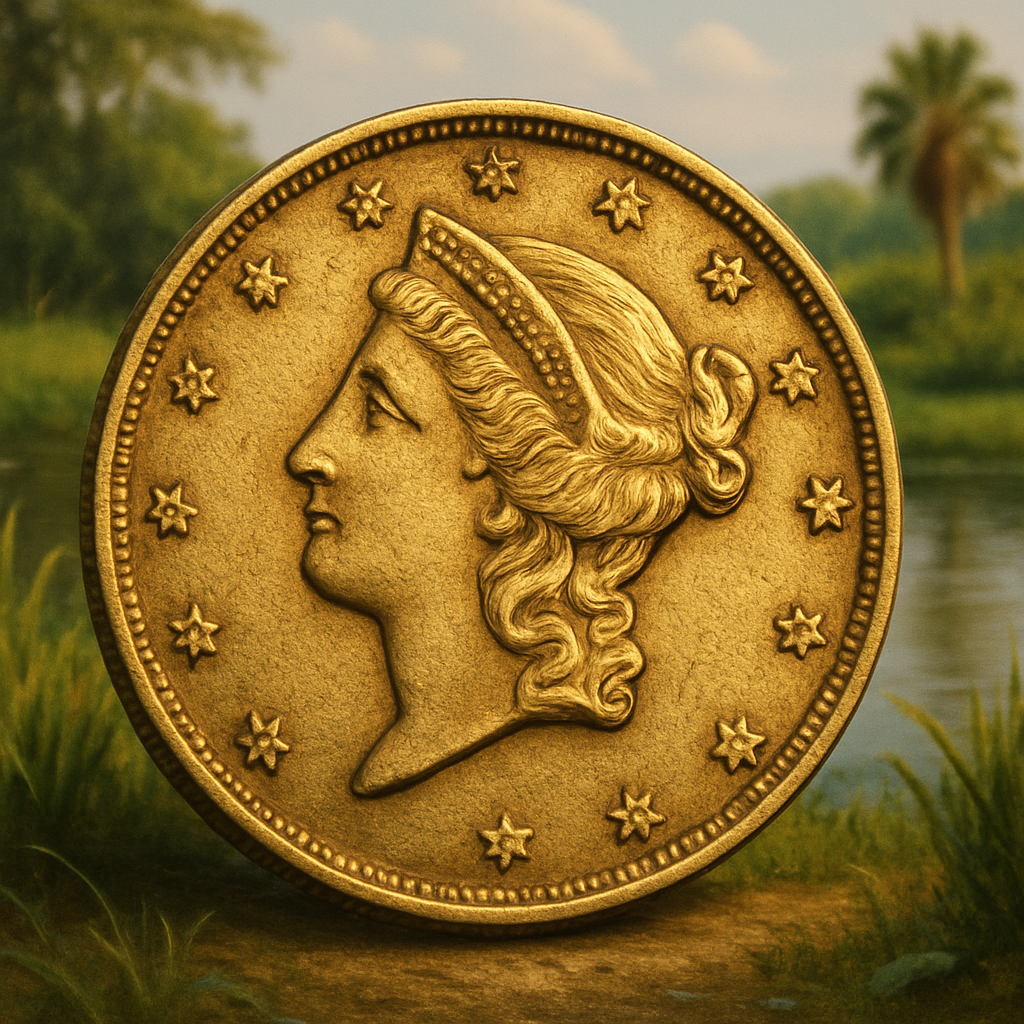 Close-up of a rare 19th-century gold coin, showcasing intricate details and minting artistry.
