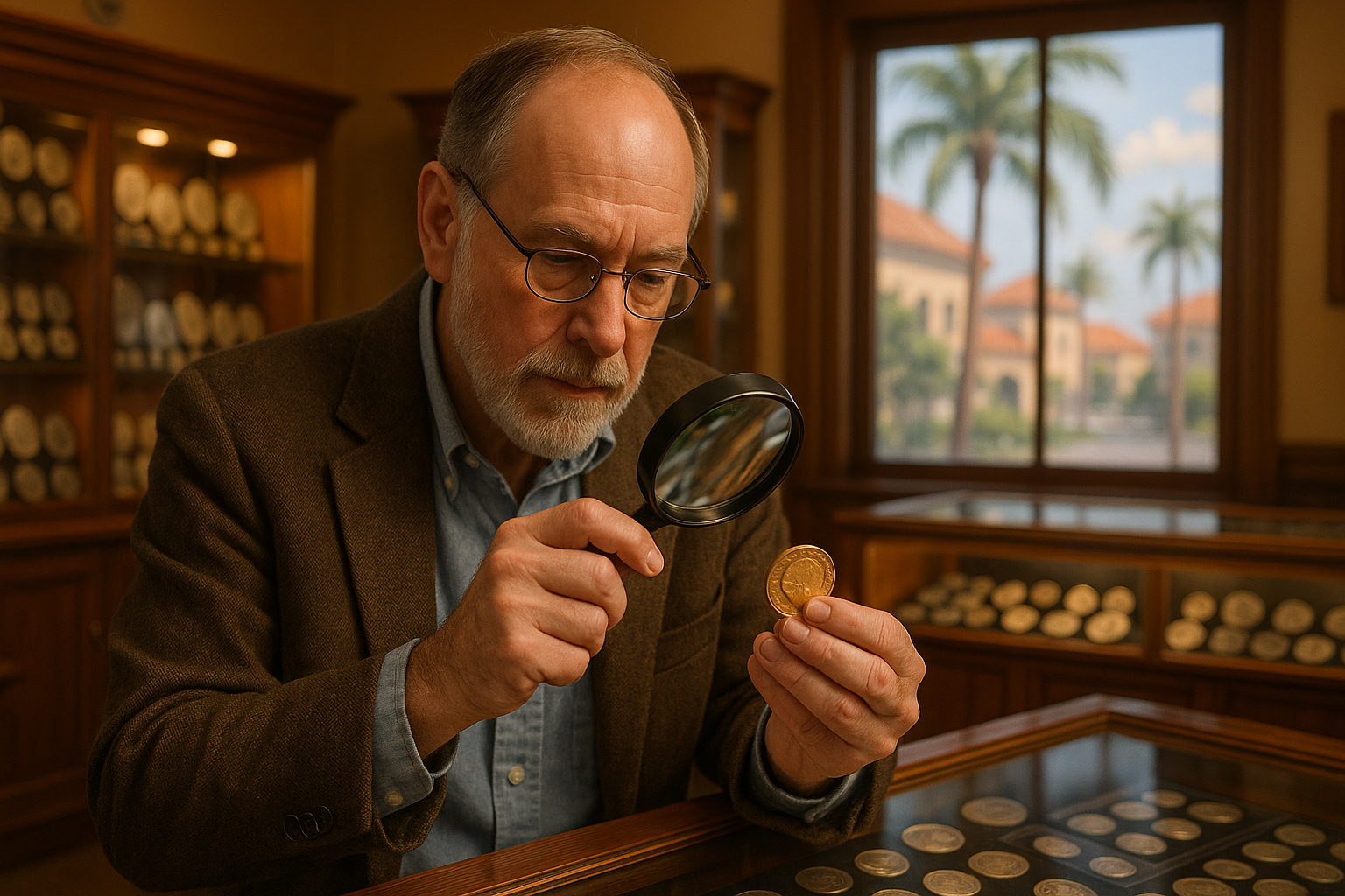 Expert coins appraiser examining a rare coin under magnification at a trusted Florida coin shop.